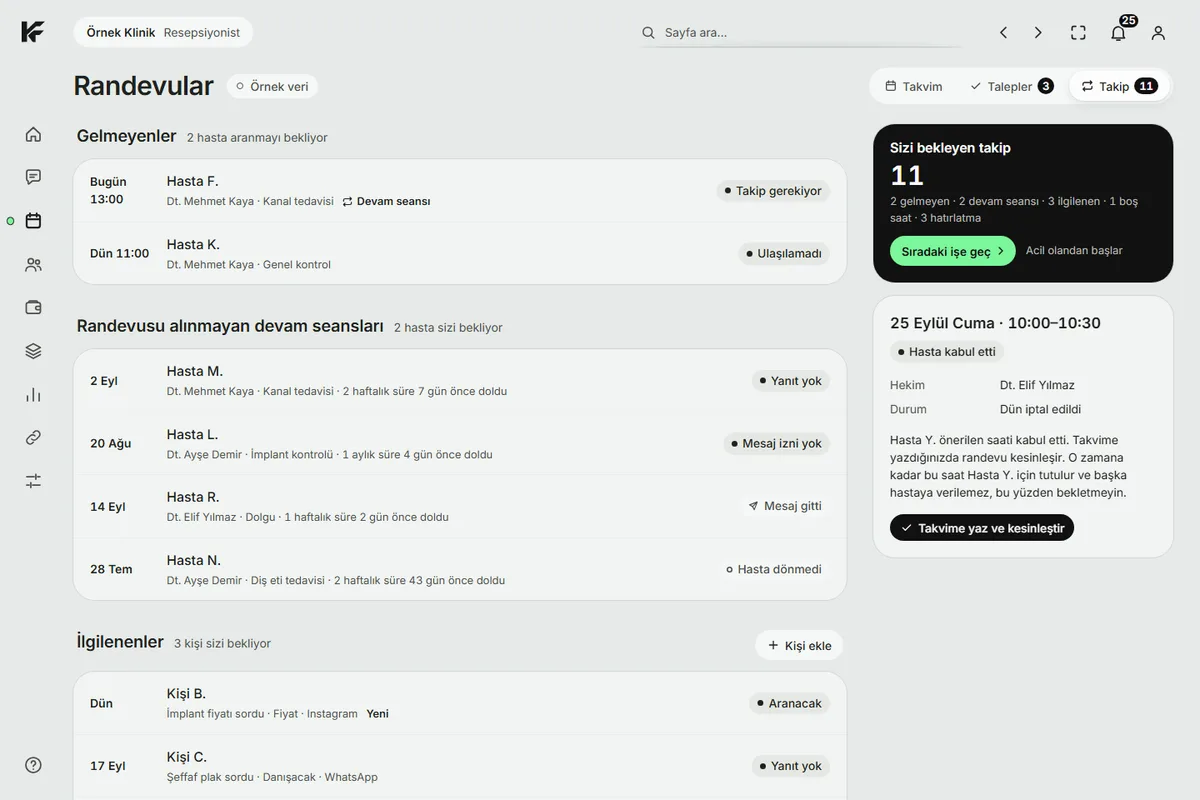 KindFront Follow-up screen with example data