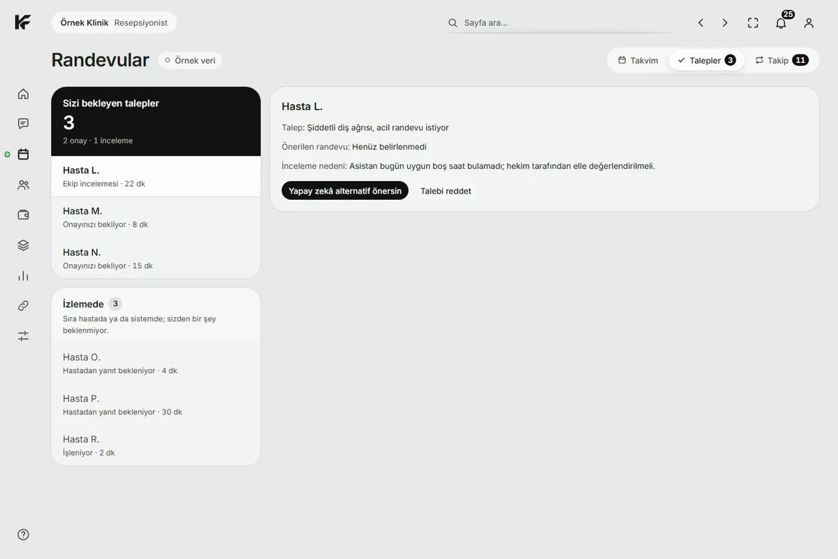 KindFront Requests screen with example data