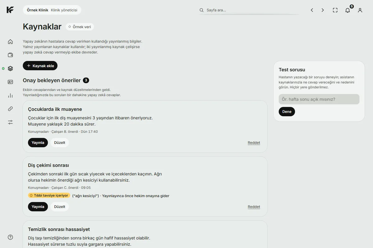 KindFront Sources screen, with example data